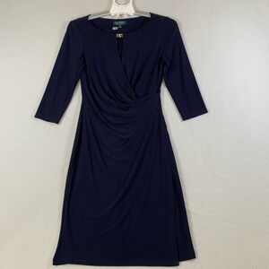 Lauren Ralph Lauren Women's 3/4 Sleeve Ruched Wrap Sheath Midi Dress Size 4 Navy